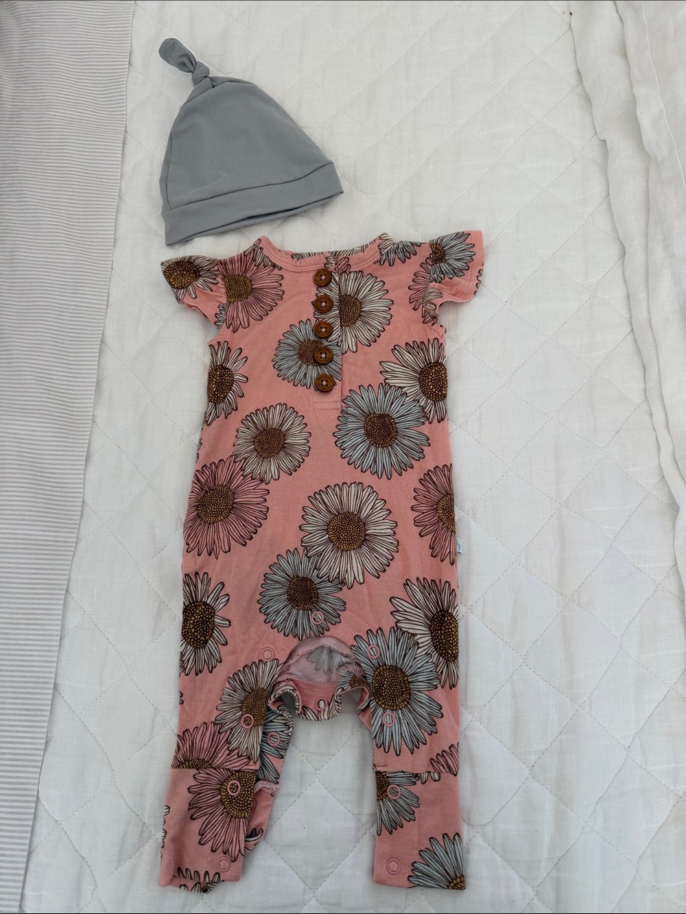 Posh Peanut Pink Floral Daisy Footie with Wooden Buttons
